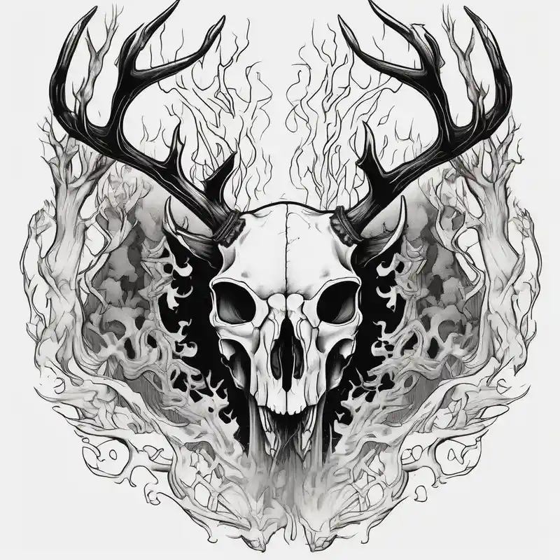 japanese style Sister Tattoo with Tree Ideas in 2024 about Scary side profile of a DECAYING deer skull JUST BONE surrounded by a flames and trees in background sister-tree and Scary side profile of a DECAYING deer skull JUST BONE surrounded by a flames and trees in background sister-tree