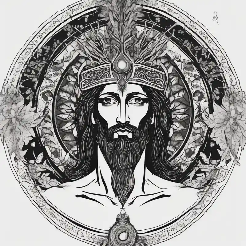 blackwork style Sister Tattoo with Tree Ideas in 2024 about flat stern byzantine Christ with all-demanding eyes with a halo made of peacock feathers and pecan trees sister-tree and flat stern byzantine Christ with all-demanding eyes with a halo made of peacock feathers and pecan trees sister-tree