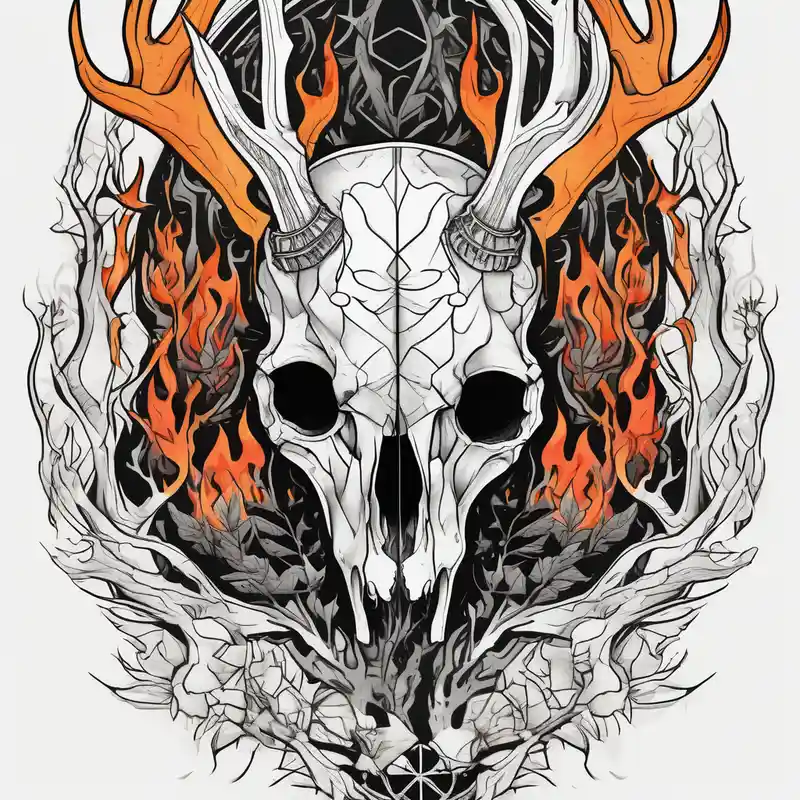 geometric style Sister Tattoo with Tree Ideas in 2024 about Scary side profile of a DECAYING deer skull JUST BONE surrounded by a flames and trees in background sister-tree and Scary side profile of a DECAYING deer skull JUST BONE surrounded by a flames and trees in background sister-tree