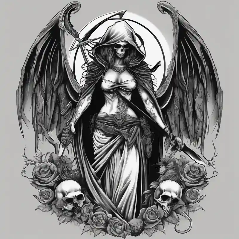 black and white style Grim Reaper Tattoo Ideas in 2025 & free generation about Lady grim reaper with wings and scythe and skulls skull-designs