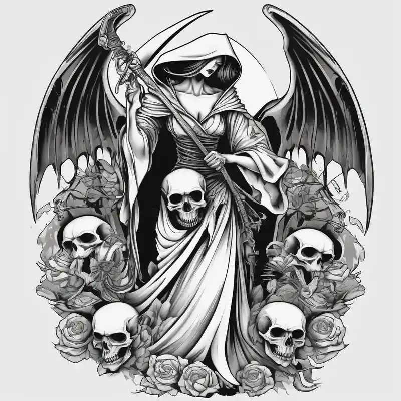 japanese style Grim Reaper Tattoo Ideas in 2025 & free generation about Lady grim reaper with wings and scythe and skulls skull-designs