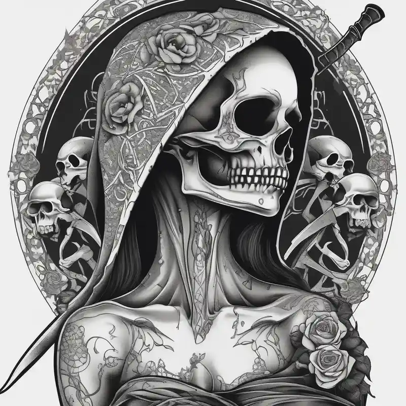 dotwork style Grim Reaper Tattoo Ideas in 2025 & free generation about Lady grim reaper with
 scythe and skulls skull-designs and Lady grim reaper with
 scythe and skulls skull-designs