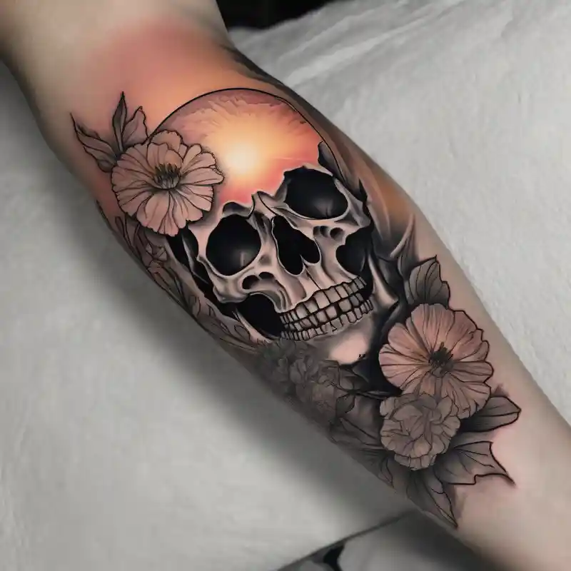 realistic style 2025年の男性向け外側前腕タトゥーのアイデア about Left forearm tattoo of sunset and carnations on the outside of the forearm and on the inside there will be marigolds and a small skull skull-designs and Left forearm tattoo of sunset and carnations on the outside of the forearm and on the inside there will be marigolds and a small skull skull-designs