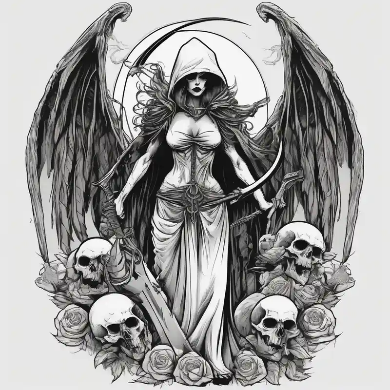 sketch style Grim Reaper Tattoo Ideas in 2025 & free generation about Lady grim reaper with wings and scythe and skulls skull-ideas