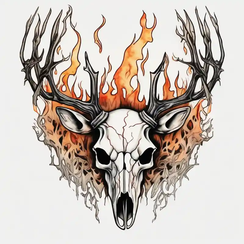 watercolor style Deer Tattoo Designs and Meanings about Halloween side profile of a DECAYING deer skull JUST BONE surrounded by a flames and trees in background skull-ideas and Halloween side profile of a DECAYING deer skull JUST BONE surrounded by a flames and trees in background skull-ideas