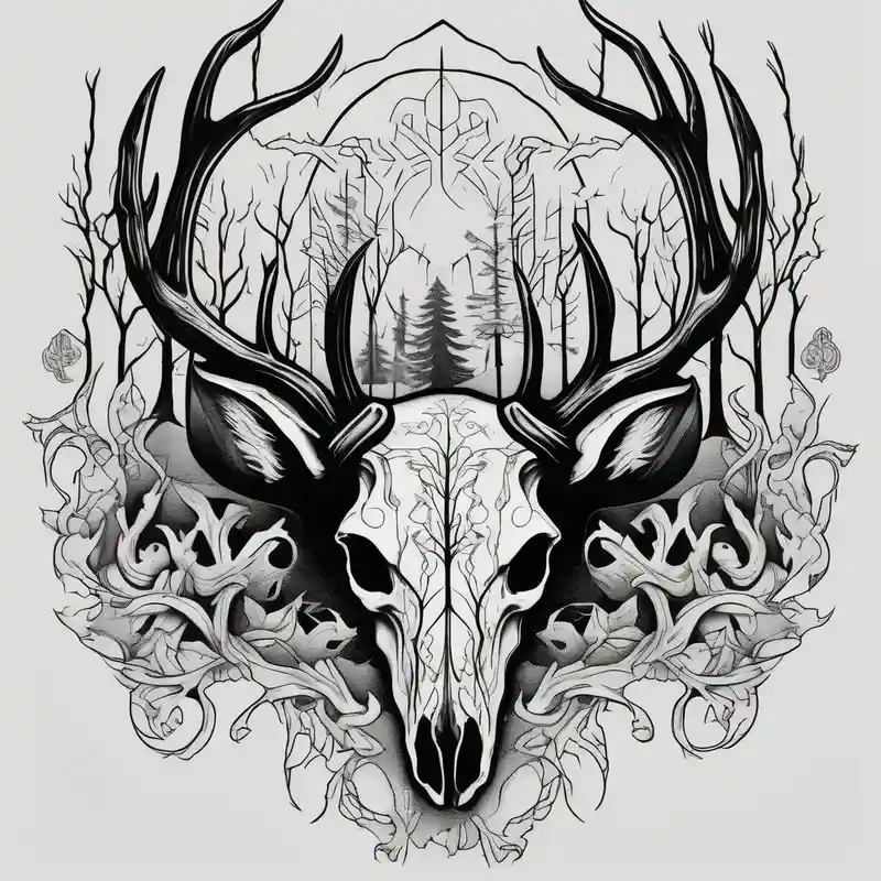 blackwork style 2025年の鹿の刺青の脚へのアイデア about side view of a deer skull JUST BONE surrounded by a flames and trees skull-ideas and side view of a deer skull JUST BONE surrounded by a flames and trees skull-ideas