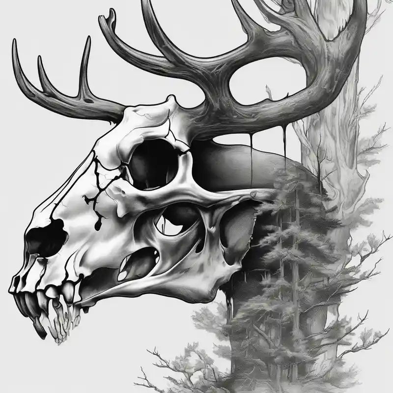 realistic style Tree Tattoo Ideas and Designs in 2024 about side profile of a DECAYING deer skull JUST BONE surrounded by a flames and trees skull-ideas and side profile of a DECAYING deer skull JUST BONE surrounded by a flames and trees skull-ideas