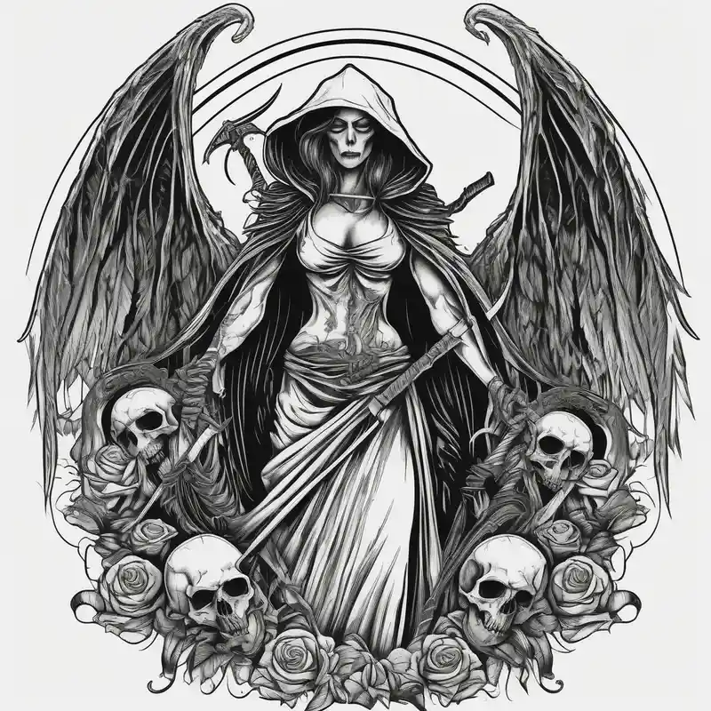 blackwork style Grim Reaper Tattoo Ideas in 2025 & free generation about Lady grim reaper with wings and scythe and skulls skull-ideas