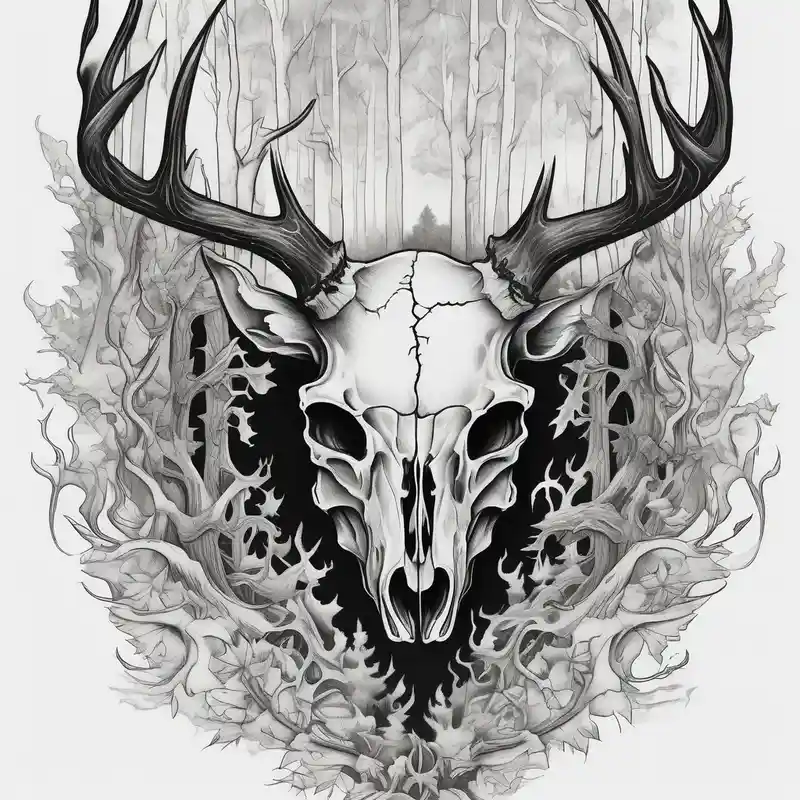 surreal style Deer Tattoo Designs and Meanings about Halloween side profile of a DECAYING deer skull JUST BONE surrounded by a flames and trees in background skull-ideas and Halloween side profile of a DECAYING deer skull JUST BONE surrounded by a flames and trees in background skull-ideas