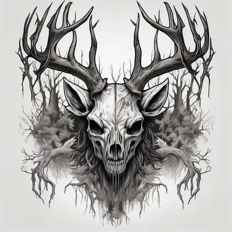 realistic style Deer Tattoo Designs and Meanings about A scary wendigo with a decayed deer skull head with flames and trees skull-ideas and A scary wendigo with a decayed deer skull head with flames and trees skull-ideas