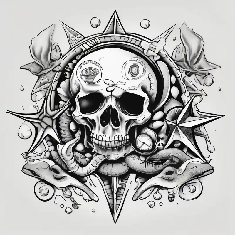 cartoon style Skull Tattoo Ideas and Designs about Compass and shells