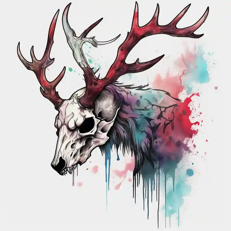 watercolor style 2025年の鹿の刺青の脚へのアイデア about A side profile of a wendigo with a deer skull head and forest fire skull-ideas