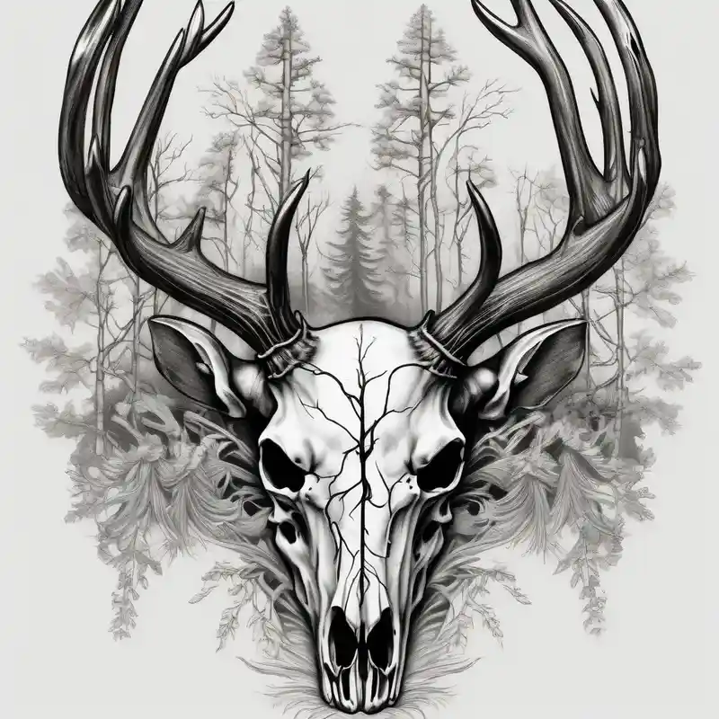 realistic style Deer Tattoo Designs and Meanings about side photo of a deer skull JUST BONE surrounded by a flames and trees skull-ideas and side photo of a deer skull JUST BONE surrounded by a flames and trees skull-ideas