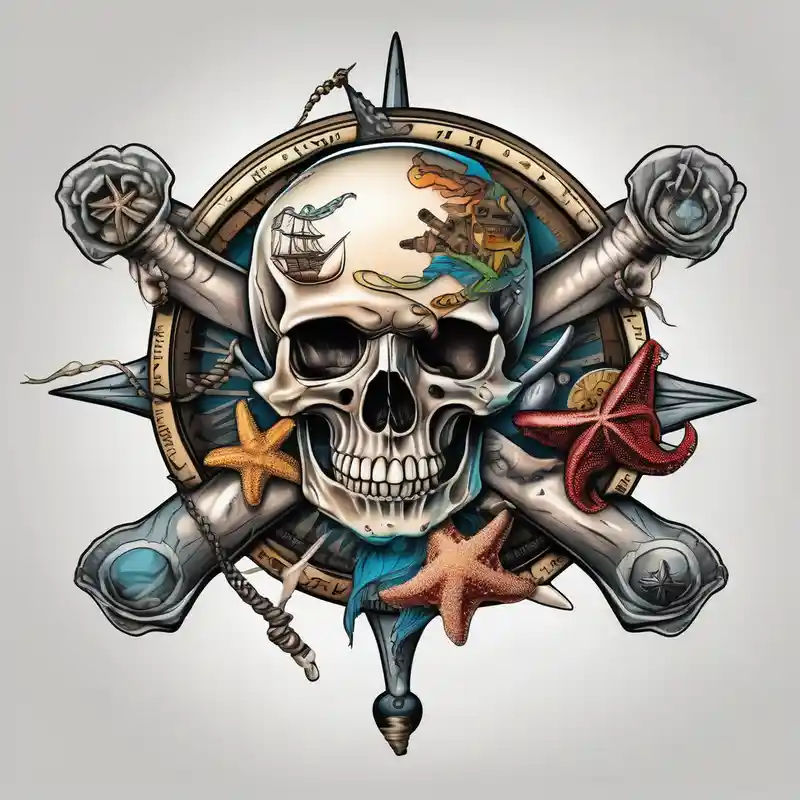 realistic style Skull Tattoo Ideas and Designs in 2024 about pirate themed compass with a skull and cross bones and oyster pearl