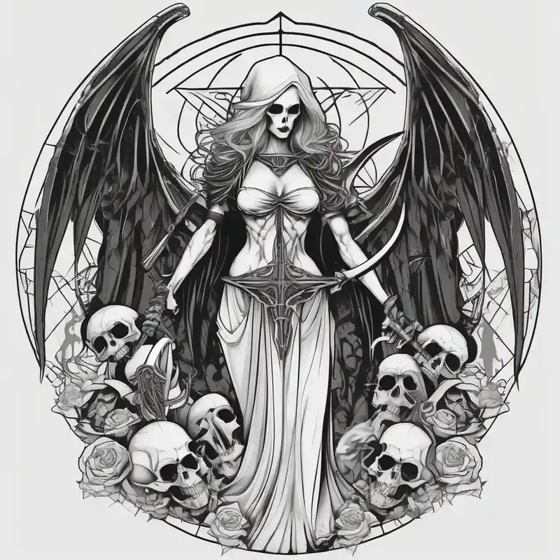 geometric style Grim Reaper Tattoo Ideas in 2025 & free generation about Lady death grim reaper with angel wings and scythe and skulls and skull-ideas