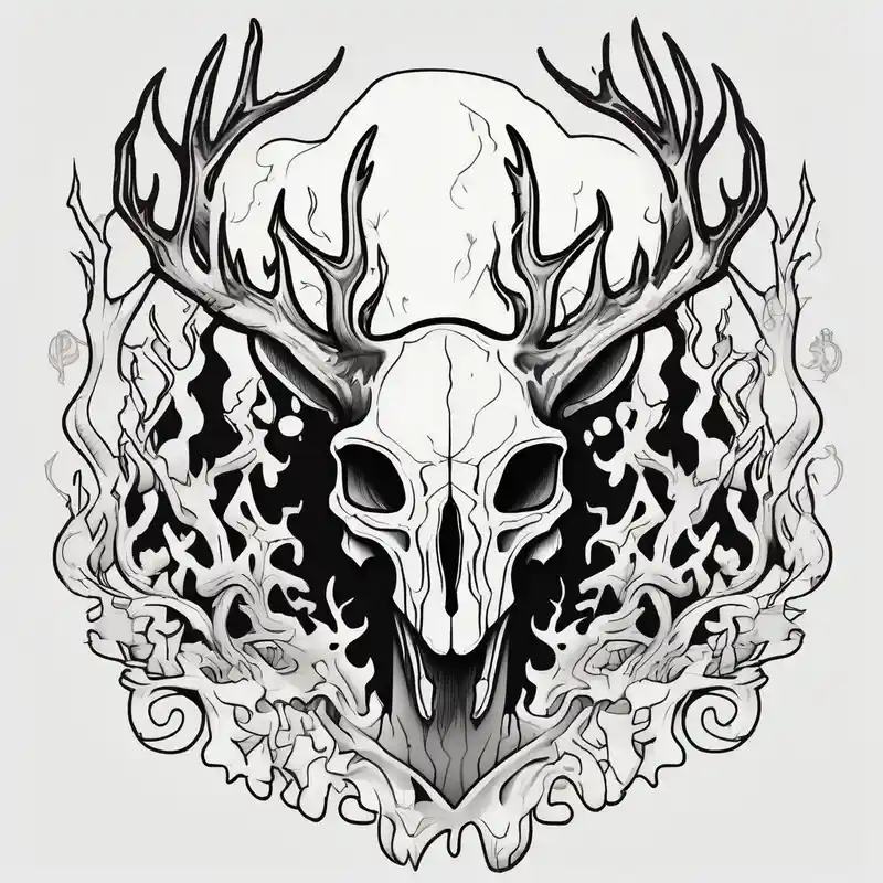 cartoon style Leg Tattoos for Men in 2024 about side view of a standing on two legs deer humanoid skull JUST BONE surrounded by a flames and trees skull-ideas and side view of a standing on two legs deer humanoid skull JUST BONE surrounded by a flames and trees skull-ideas