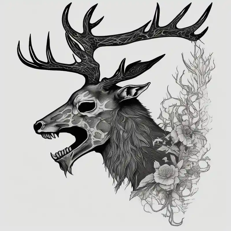 blackwork style 2025年の鹿の刺青の脚へのアイデア about A side profile of a wendigo with a deer skull head and forest fire skull-ideas