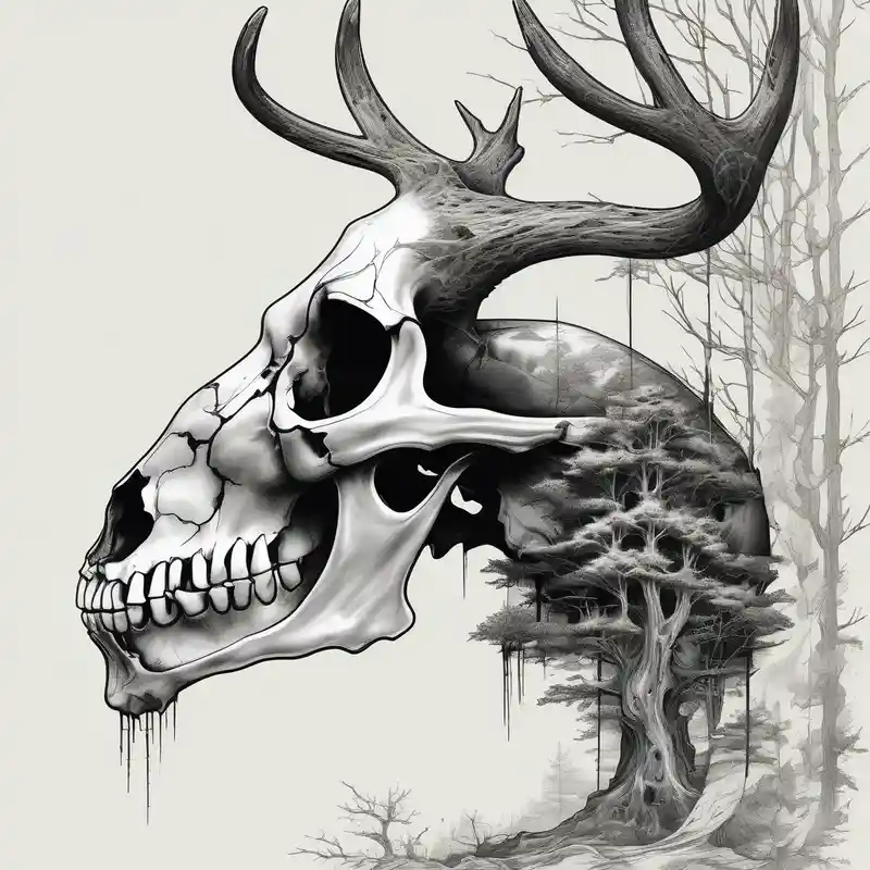 japanese style Deer Tattoo Designs and Meanings about A side view of a decayed deer skull with no skin JUST BONE surrounded by trees and fire skull-ideas and A side view of a decayed deer skull with no skin JUST BONE surrounded by trees and fire skull-ideas