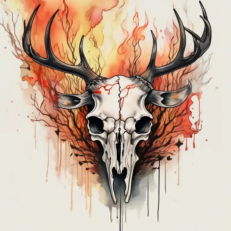 watercolor style Tree Tattoo Ideas and Designs in 2024 about side profile of a DECAYING deer skull JUST BONE surrounded by a flames and trees skull-ideas and side profile of a DECAYING deer skull JUST BONE surrounded by a flames and trees skull-ideas