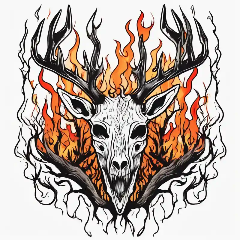 cartoon style Deer Tattoo Designs and Meanings about A scary wendigo with a decayed deer skull head with flames and trees skull-ideas and A scary wendigo with a decayed deer skull head with flames and trees skull-ideas