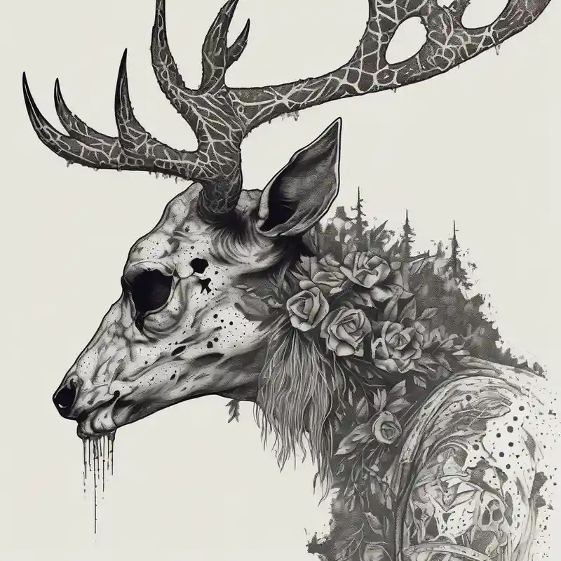 dotwork style Deer Tattoo Designs and Meanings about A side profile of a wendigo with a decayed deer skull head in a forest fire skull-ideas and A side profile of a wendigo with a decayed deer skull head in a forest fire skull-ideas