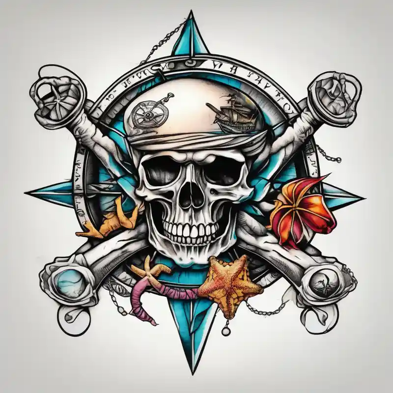 sketch style Skull Tattoo Ideas and Designs in 2024 about pirate themed compass with a skull and cross bones and oyster pearl