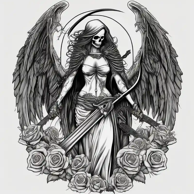 old school style Grim Reaper Tattoo Ideas in 2025 & free generation about Lady death grim reaper with angel wings and scythe and skulls and skull-ideas