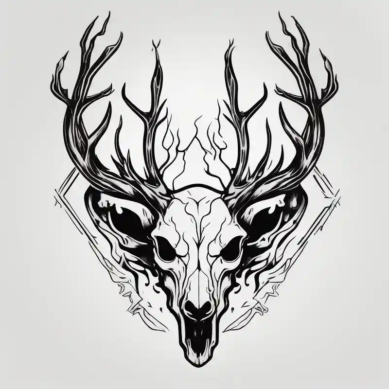 minimalist style Deer Tattoo Designs and Meanings about A scary wendigo with a decayed deer skull head with flames behind in a forest skull-ideas and A scary wendigo with a decayed deer skull head with flames behind in a forest skull-ideas