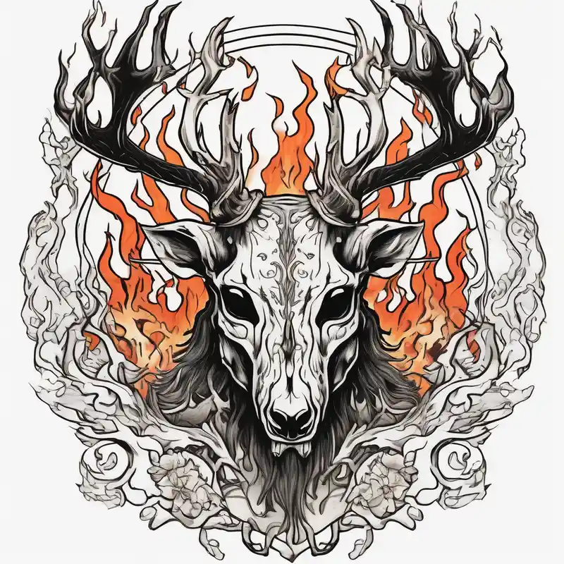 japanese style Deer Tattoo Designs and Meanings about A scary wendigo with a decayed deer skull head with flames behind in a forest skull-ideas and A scary wendigo with a decayed deer skull head with flames behind in a forest skull-ideas