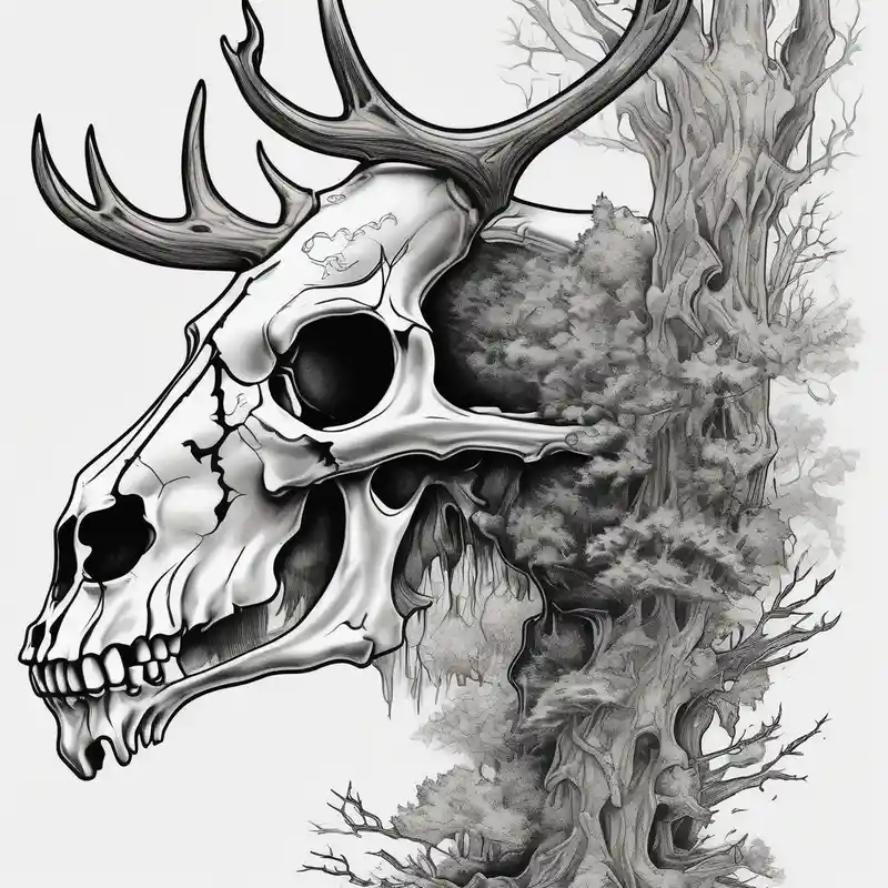 old school style Deer Tattoo Designs and Meanings about side profile of a DECAYING deer skull JUST BONE lore accurate surrounded by a flames and trees skull-ideas and side profile of a DECAYING deer skull JUST BONE lore accurate surrounded by a flames and trees skull-ideas