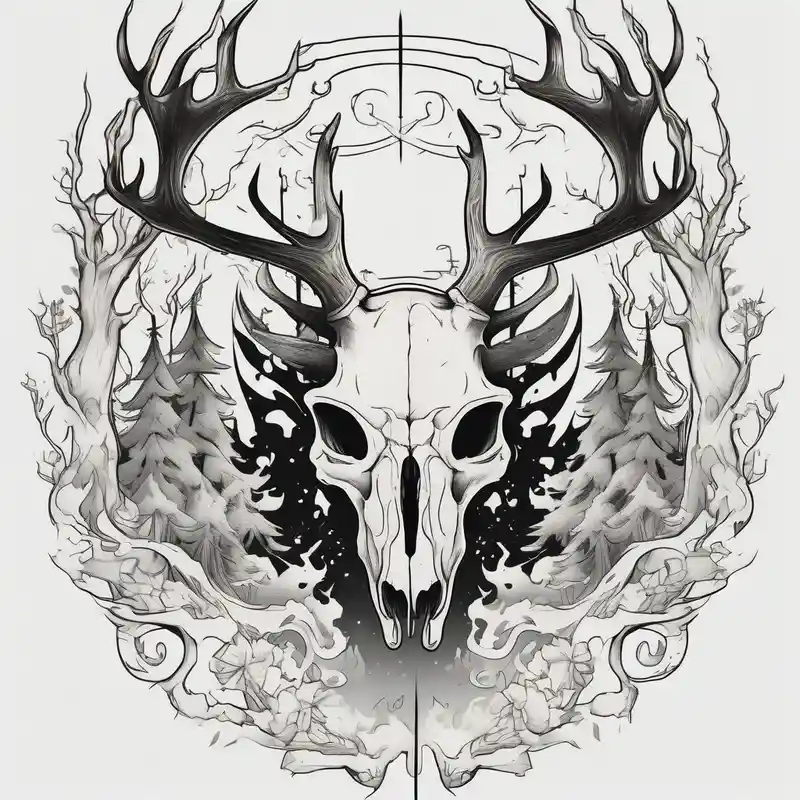 japanese style Leg Tattoos for Men in 2024 about side view of a standing on two legs deer humanoid skull JUST BONE surrounded by a flames and trees skull-ideas and side view of a standing on two legs deer humanoid skull JUST BONE surrounded by a flames and trees skull-ideas