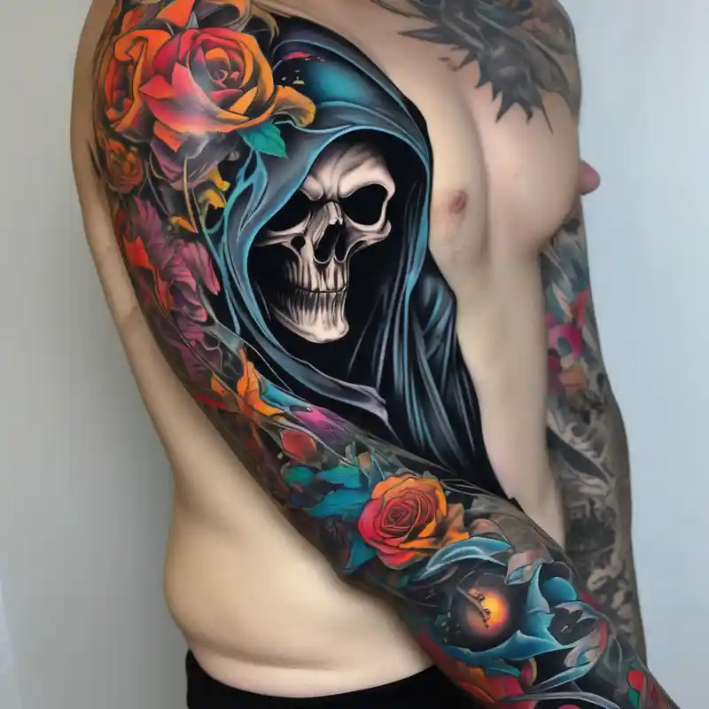 surreal style Grim Reaper Tattoo Ideas in 2025 & free generation about Continue a sleeve for a grim reaper shoulder tattoo death theme full arm sleeve sleeve-ideas and Continue a sleeve for a grim reaper shoulder tattoo death theme full arm sleeve sleeve-ideas