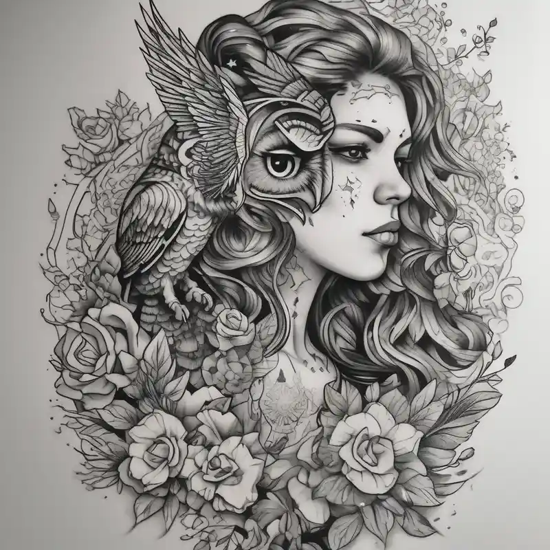 dotwork style Sleeve Tattoo Ideas in 2025 & free generation about Owl and wildflowers and unicorn and warrior curly hair princess half sleeve sleeve-ideas and Owl and wildflowers and unicorn and warrior curly hair princess half sleeve sleeve-ideas