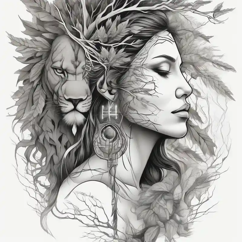 surreal style Sleeve Tattoo Ideas and Designs in 2025 & free generation about Native american Forest goddess looking down side profile  tree branches forming into her face male lions head facing her as to protect her middle arm sleeve sleeve-ideas and Native american Forest goddess looking down side profile  tree branches forming into her face male lions head facing her as to protect her middle arm sleeve sleeve-ideas