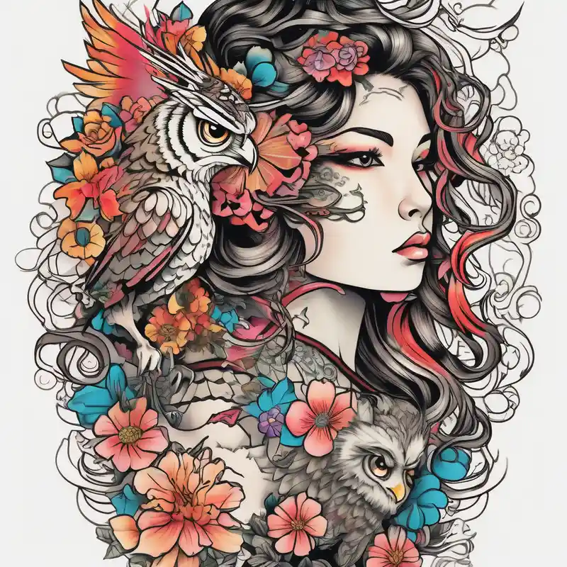 japanese style Sleeve Tattoo Ideas in 2025 & free generation about Owl and wildflowers and unicorn and warrior curly hair princess half sleeve sleeve-ideas and Owl and wildflowers and unicorn and warrior curly hair princess half sleeve sleeve-ideas