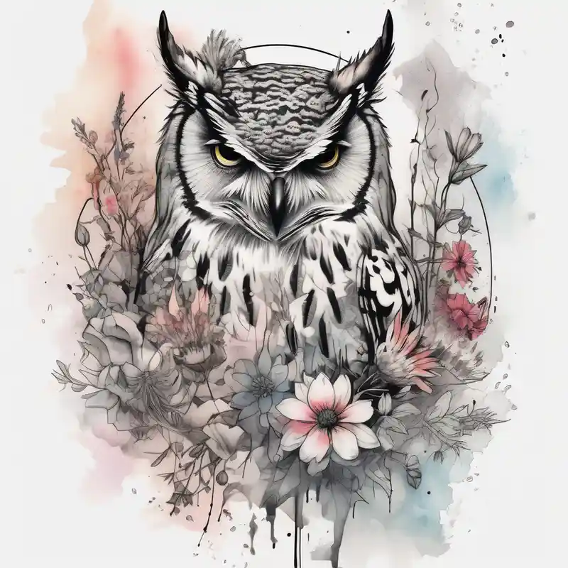 watercolor style Sleeve Tattoo Ideas in 2025 & free generation about Owl and wildflowers and unicorn and warrior princess half sleeve sleeve-ideas and Owl and wildflowers and unicorn and warrior princess half sleeve sleeve-ideas