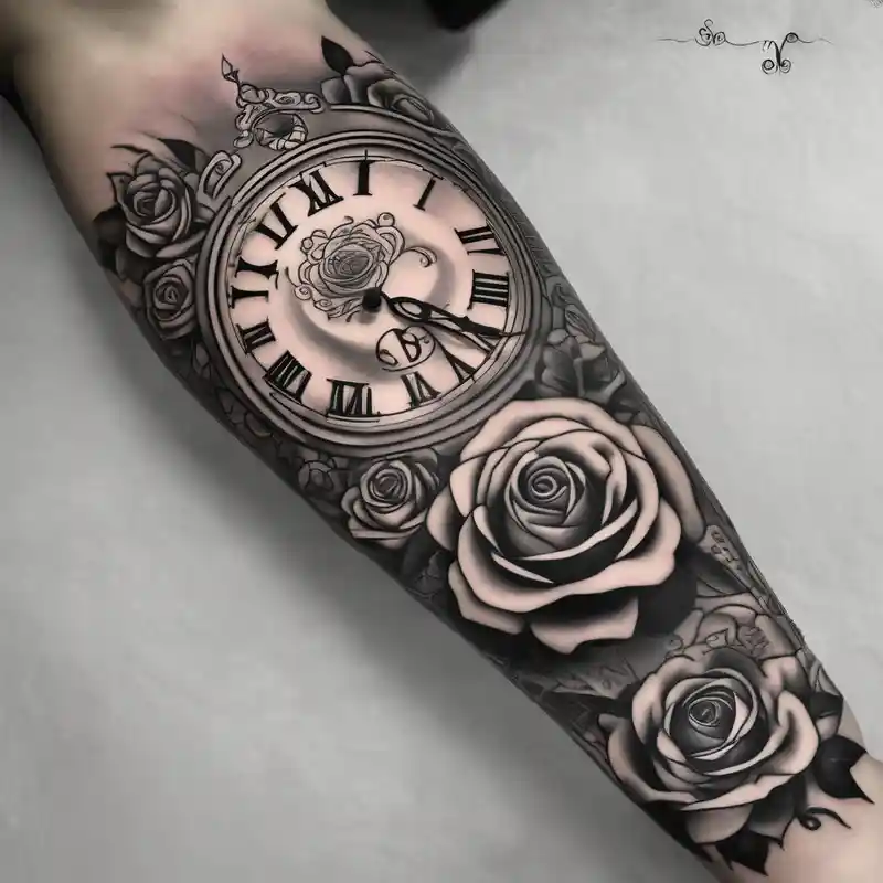 dotwork style Ideas de tatuajes en el bíceps para hombres en 2025 about Clock with roses on shoulder/bicep going into roses with the word amor on forearm full sleeve sleeve-ideas and Clock with roses on shoulder/bicep going into roses with the word amor on forearm full sleeve sleeve-ideas