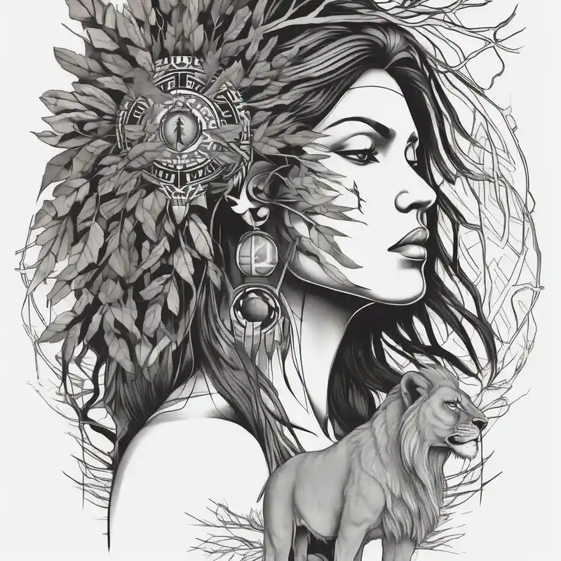 blackwork style Sleeve Tattoo Ideas and Designs in 2025 & free generation about Native american Forest goddess looking down side profile  tree branches forming into her face male lions head facing her as to protect her middle arm sleeve sleeve-ideas and Native american Forest goddess looking down side profile  tree branches forming into her face male lions head facing her as to protect her middle arm sleeve sleeve-ideas