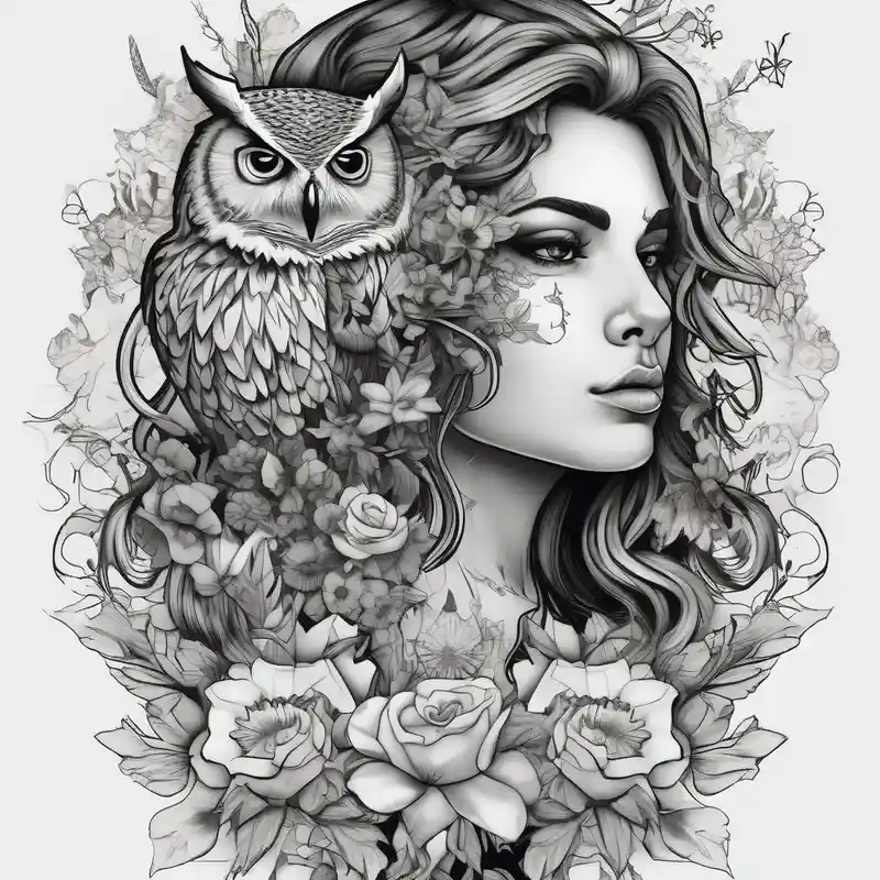 black and white style Sleeve Tattoo Ideas and Designs in 2025 & free generation about Owl and wildflowers and unicorn and warrior curly hair princess half sleeve sleeve-ideas and Owl and wildflowers and unicorn and warrior curly hair princess half sleeve sleeve-ideas