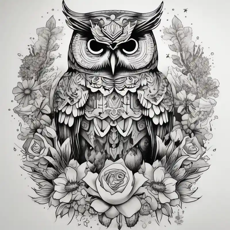 dotwork style Sleeve Tattoo Ideas in 2025 & free generation about Owl and wildflowers and unicorn and warrior princess half sleeve sleeve-ideas and Owl and wildflowers and unicorn and warrior princess half sleeve sleeve-ideas