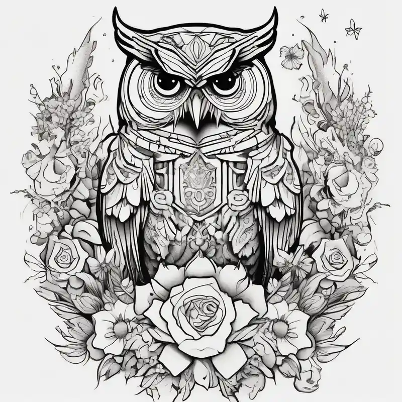 cartoon style Sleeve Tattoo Ideas in 2025 & free generation about Owl and wildflowers and unicorn and warrior princess half sleeve sleeve-ideas and Owl and wildflowers and unicorn and warrior princess half sleeve sleeve-ideas