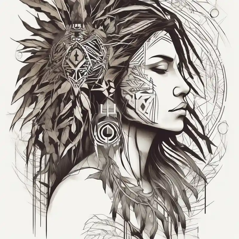 geometric style Sleeve Tattoo Ideas in 2025 & free generation about Native american Forest goddess looking down side profile  tree branches forming into her face male lions head facing her as to protect her middle arm sleeve sleeve-ideas and Native american Forest goddess looking down side profile  tree branches forming into her face male lions head facing her as to protect her middle arm sleeve sleeve-ideas