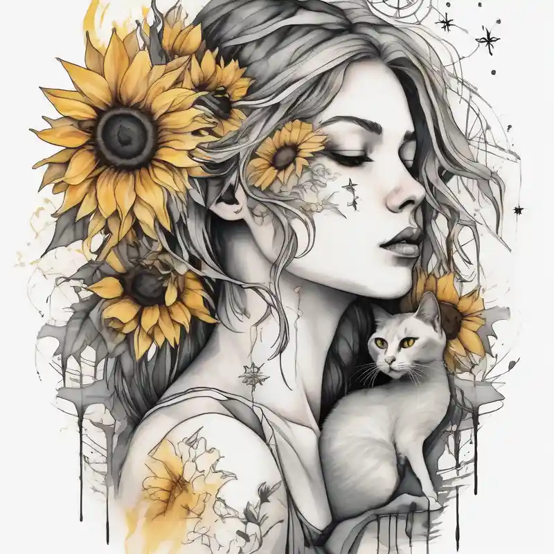 watercolor style Sternum Tattoos for Women Tattoo Ideas in 2025 about sunflower women and little cat and sirius star sternum-for-women