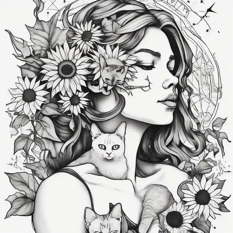 sketch style Sternum Tattoos for Women Tattoo Ideas in 2025 about sunflower women and little cat and sirius star sternum-for-women