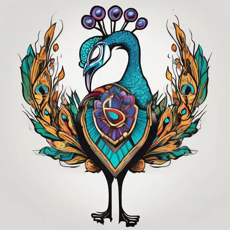 cartoon style Idées de kits de tatouage Stick and Poke en 2025 about Colorful peacock over a sublime style sun standing in a stick with a horseshoe over the top of the peacock to each side of the stick stick-and-poke and Colorful peacock over a sublime style sun standing in a stick with a horseshoe over the top of the peacock to each side of the stick stick-and-poke