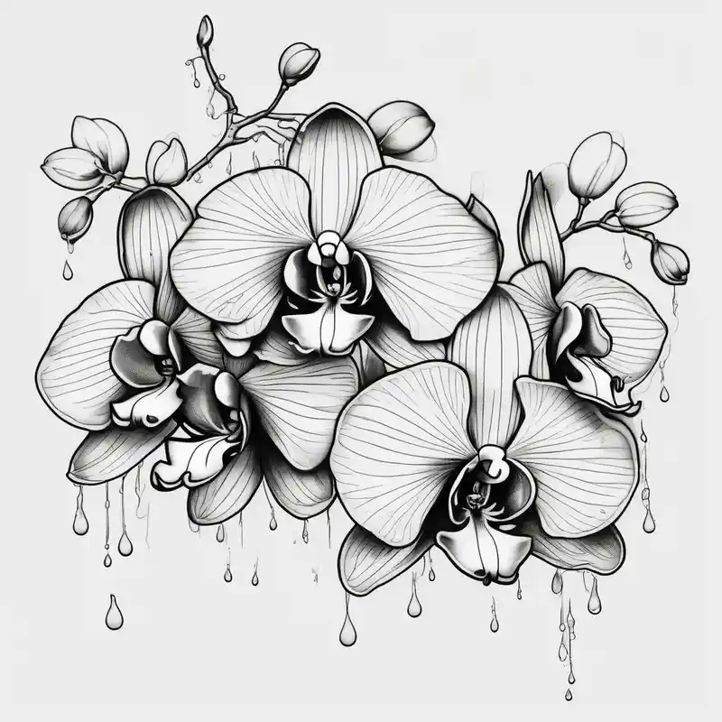 old school style Ideas de tatuajes de Ver No Mal, Oír No Mal, Hablar No Mal en 2025 about Draw of three fine line orchids different size realistic and the central part resembles a vagina. Are connected with branches that appears a mix with drops and seeds three-crosses