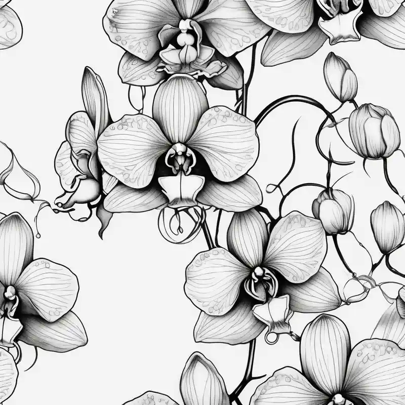 black and white style See No Evil Hear No Evil Speak No Evil Tattoo Ideas in 2025 about Draw of three fine line orchids different size realistic and the central part resembles a vagina. Are connected with branches that appears a mix with drops and seeds three-crosses