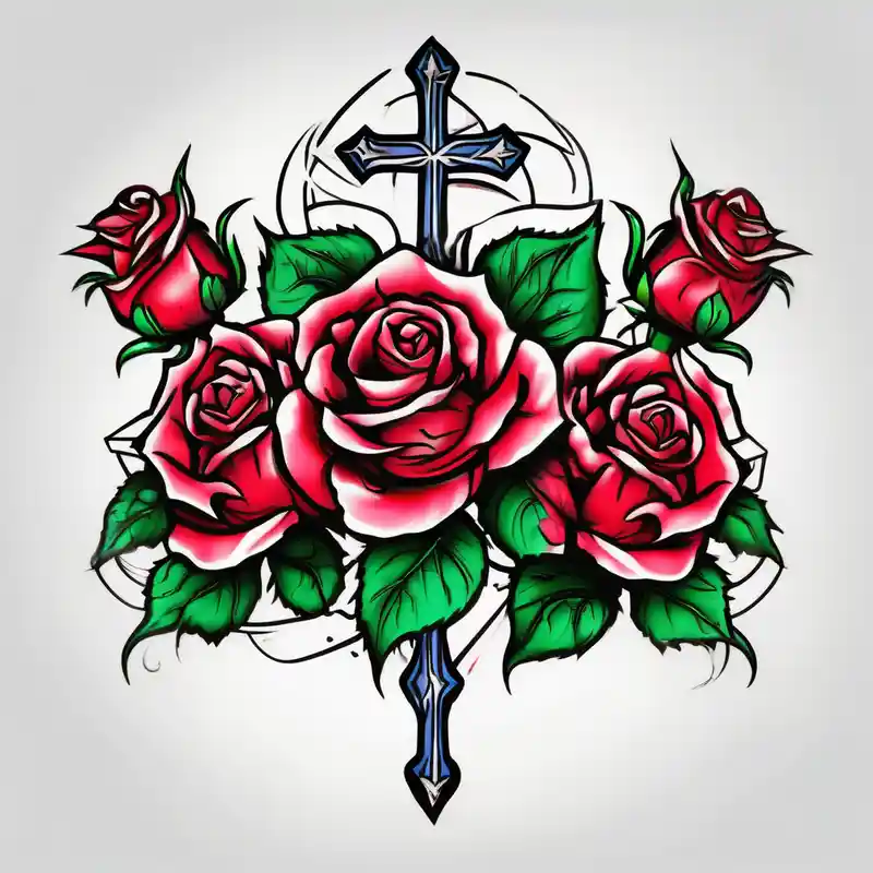 old school style Idées de tatouage noir d'une croix derrière l'oreille pour homme en 2025 &Générer gratuitement about Three Big roses and with a cross outline in the middle three-crosses