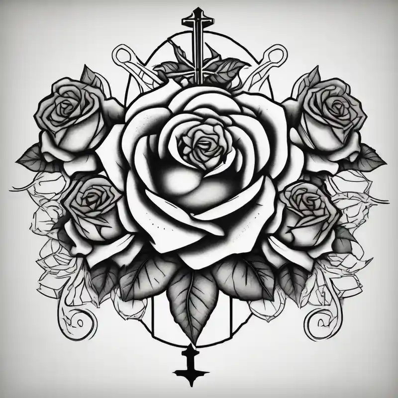 blackwork style Cross Behind Ear Tattoo Black Male Ideas in 2025 & free generation about Three Big roses and with a cross outline in the middle three-crosses