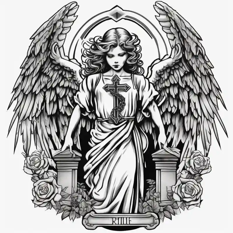 old school style Cross Behind Ear Tattoo Black Male Ideas in 2025 & free generation about Angel hold headstone in hands with a cross chain hanging down with large wings three-crosses and Angel hold headstone in hands with a cross chain hanging down with large wings three-crosses